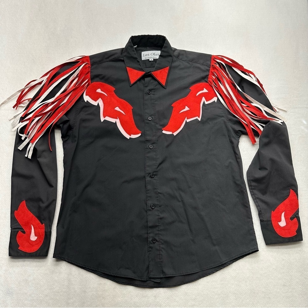 Las Olas Western Fringe Black Red White Button Up Shirt Size Medium